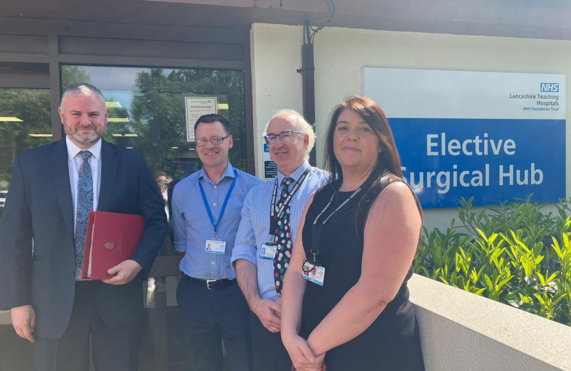 Andrew Stephenson at Chorley Hospital with members of staff