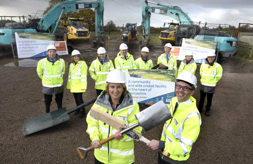 Katherine Fletcher MP and CC Aidy Riggott celebrate beginning of cricket facility work