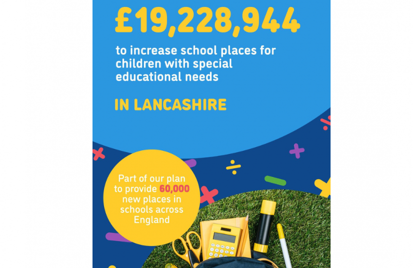 £19,228,944 to increase school places for children with special educational needs in Lancashire. Part of our plan to provide 60,000 new places in schools across England