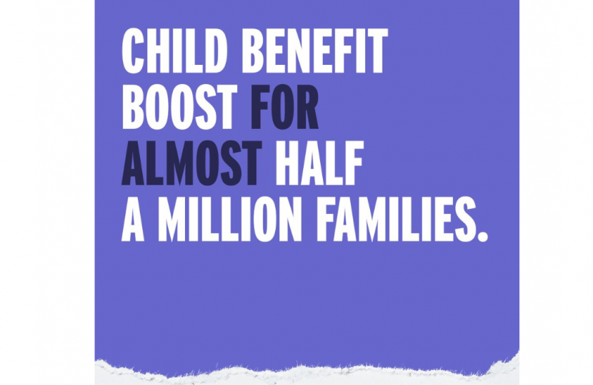 Graphic which reads Child benefit boost for almost half a million families