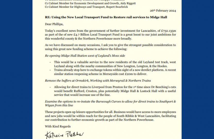 Letter to the council asking for the transport funding to be used for Reopening Midge Hall Station, Removing the buffers at Ormskirk and Reinstating the Burscough Curves