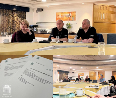 A collage of images of Katherine Fletcher sat at a table with police officers, councillors, and businesspeople also present.