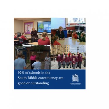 images of Katherine at different schools with wording 92% of schools in the South Ribble constituency are good or outstanding