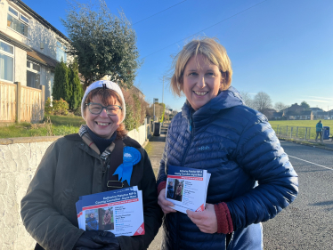 Katherine Fletcher with County Councillor Jayne Rear on a street in Leyland.