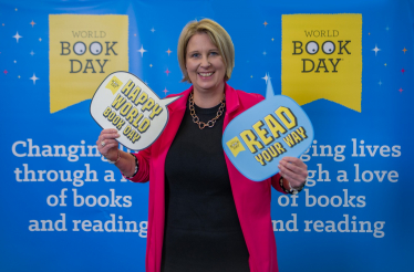 Katherine with World Book Day background