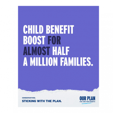 Graphic which reads Child benefit boost for almost half a million families